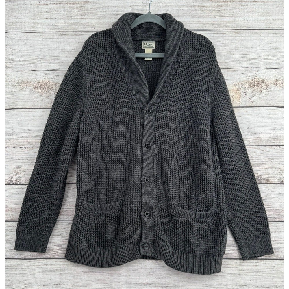 LL Bean Cardigan Sweater Mens XL Gray Organic Cotton Waffle Shawl Collar 516104